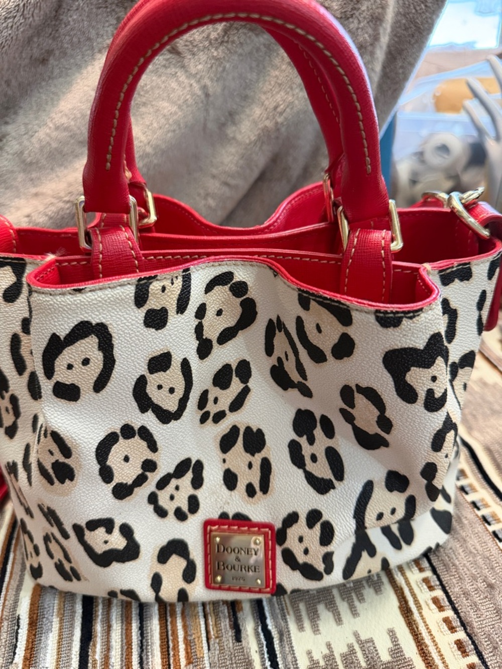 Dooney & Bourke Cream Leopard Satchel with Red Trim